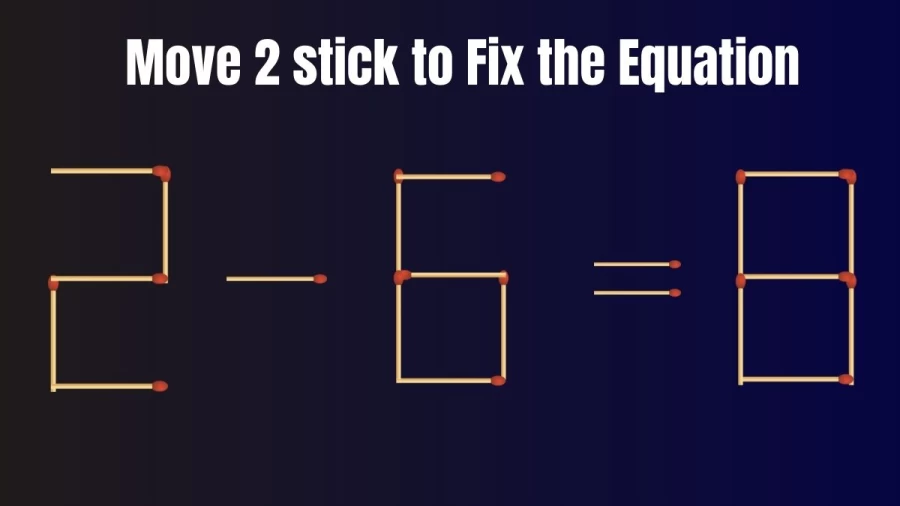Brain Test Matchstick Puzzle for the Day: 2 - 6 = 8 Move 2 Matchsticks to Fix The Equation in 25 Secs