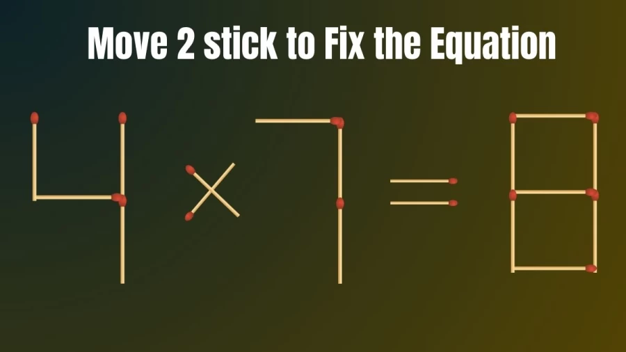 Tricky Brain Teaser Matchstick Puzzle: Fix the Equation 4x7=8 By Moving 2 Sticks