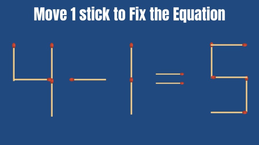 Brain Teaser: 4-1=5 Can you Move 1 Stick and Fix this Equation in 20 Secs? Matchstick Puzzles