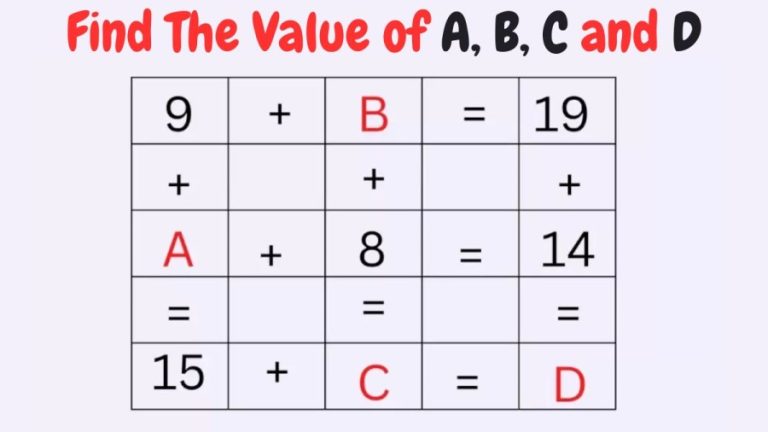 Brain Teaser: Find The Value of A, B, C, and D in this Mental Maths